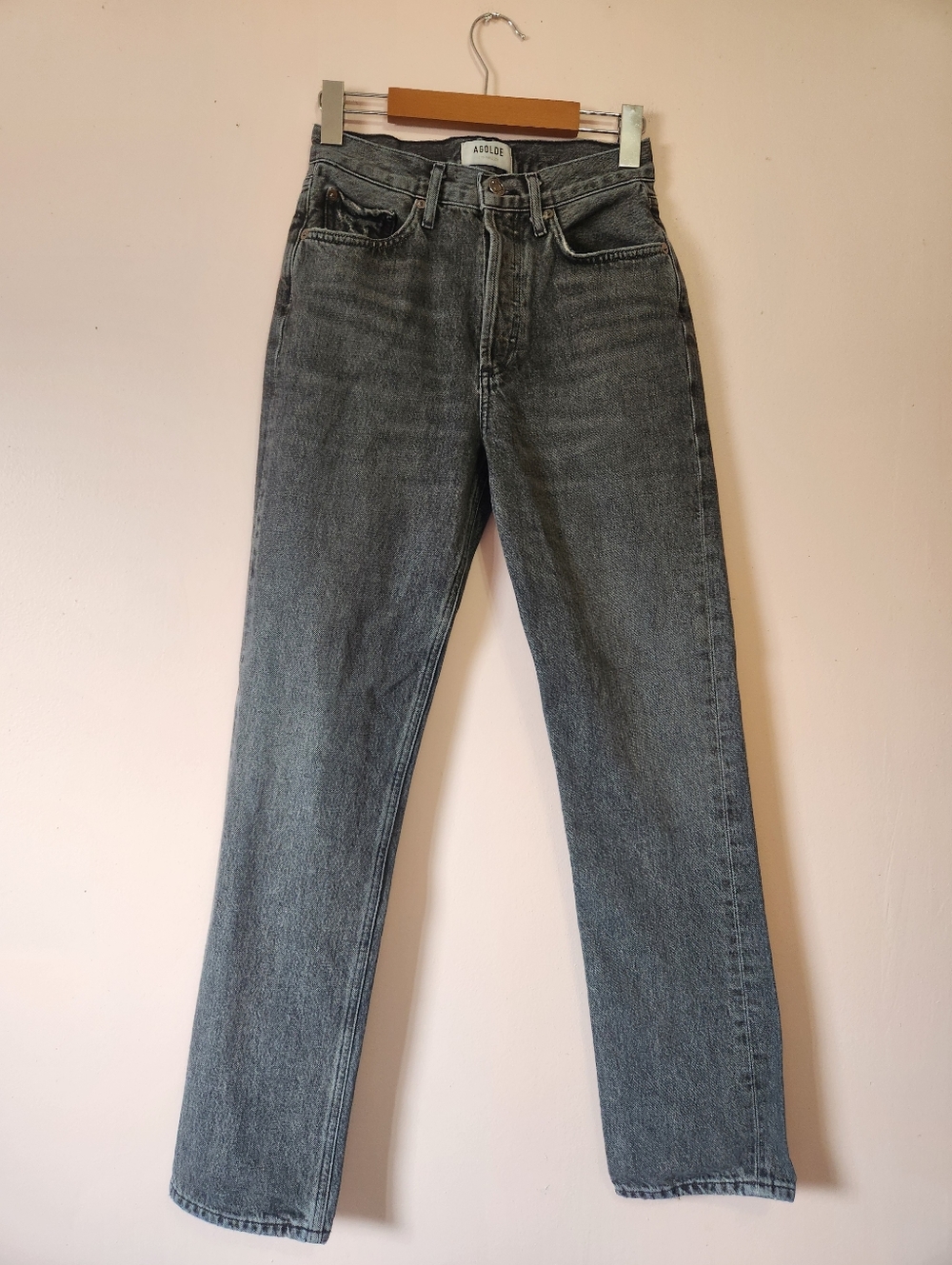AGOLDE Lana Mid Rise Vintage Straight Jeans Roam Faded Black Gray 23 Like New